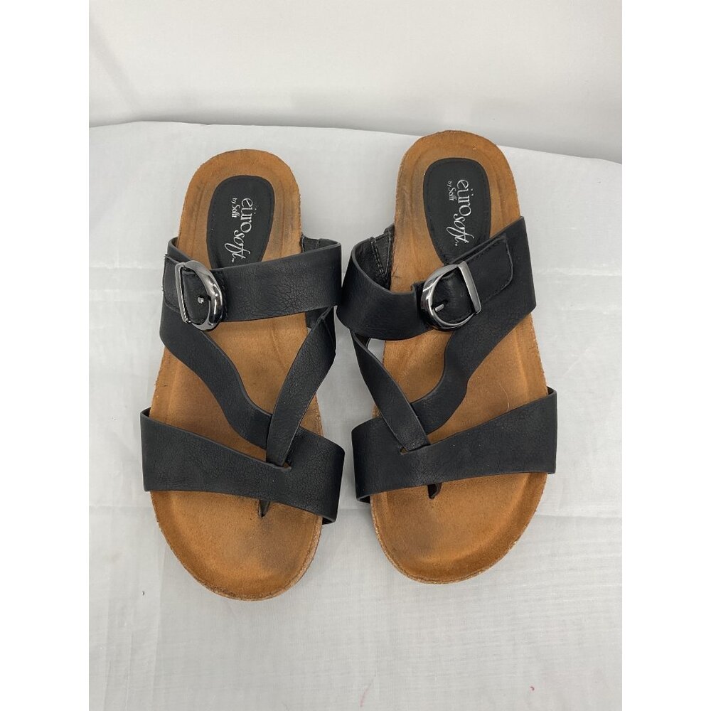 Eurosoft Black Leather Buckle Strappy Sandals Womens Size 7.5 Cork Sole Slip-On